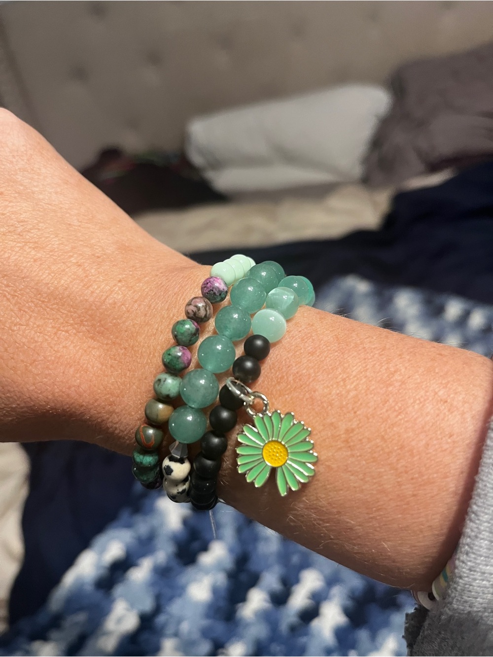 Green Beaded Bracelet Stack with Daisy Charm